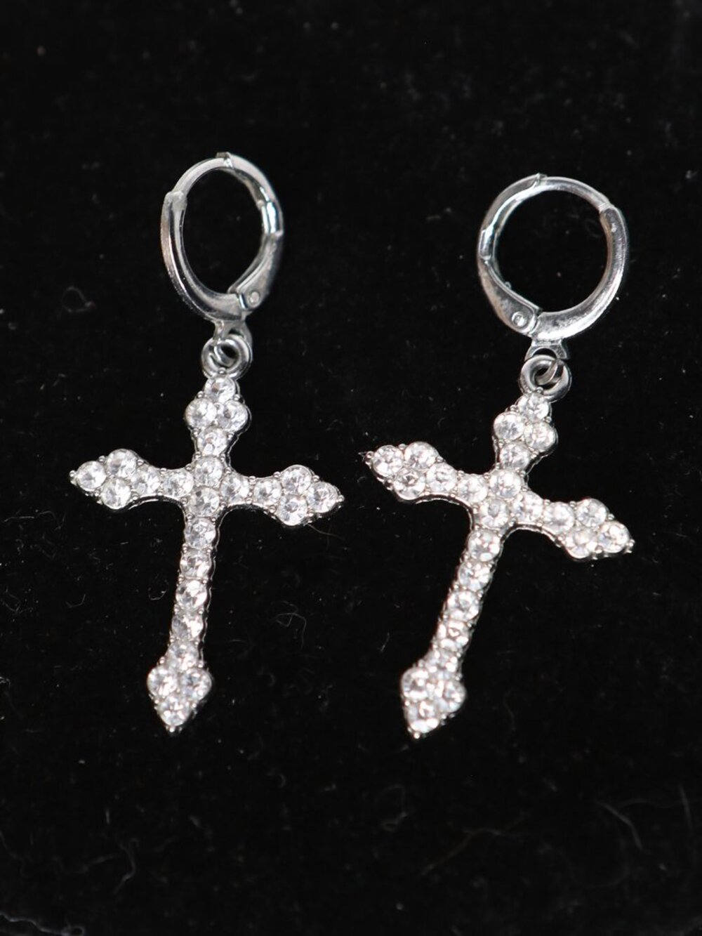 Silver Rhinestone Cross Dangle Huggie Hoop Earrings Gothic Faith Jewelry